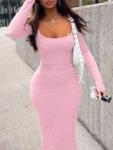 Womens Sexy Elegant Long Sleeve Ribbed Knit Scoop Neck Curve Hugging Dress For Summer