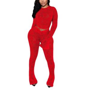 Kafiloe Women Sexy 2 Piece Outfits Clubwear Mesh Hollow Out Long Sleeve Crop Top Flare Pants Set Birthday Outfits Red S