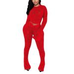 Kafiloe Women Sexy 2 Piece Outfits Clubwear Mesh Hollow Out Long Sleeve Crop Top Flare Pants Set Birthday Outfits Red S