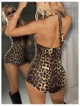 Verdusa Women's Leopard Rave Outfits Halter Backless Rompers Sexy Bodycon Jumpsuits Brown Large