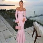 meilun Off-Shoulder Long-Sleeved Floor-Length Dress Fitted and Figure-Hugging Fishtail Gown(Pink,M)