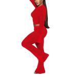 Kafiloe Women Sexy 2 Piece Outfits Clubwear Mesh Hollow Out Long Sleeve Crop Top Flare Pants Set Birthday Outfits Red S