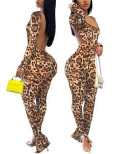 Bodycon Jumpsuits for Women Sexy Backless Cheetah Long Sleeve High Wasited One Piece Outfits Catsuits Leopard Print S