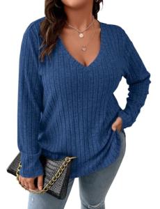 Koscacy Plus Size Clothes for Women Sexy V Neck Tops Fall Shirts Sapphire Blue Long Sleeve Shirt Cute Outfits Streetwear Casual Knit Sweater 3XL