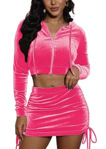 SMSN Skirt Sets Women 2 Piece Outfits Velvet Cute Long Sleeve Fall Hoodie Top Mini Skirt Y2K Casual 90s Freaknik Set Velour Tracksuit Pink L