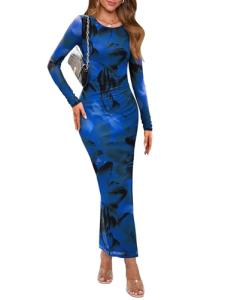 WIHOLL Women's Bodycon Maxi Dress Fall Fashion Long Sleeve Floral Print Tight Fitted Party Club Ruched Dresses Blue Floral S