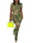 Uni Clau Sexy Two Piece Outfits for Women Short Sleeve Floral Printed Mesh Bodycon Flared Pants Sets Matching Sets Jumpsuit