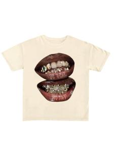 Verdusa Women's Lips Print Graphic Tees Short Sleeve Y2k Tops T Shirts 2000s Clothing Streetwear Khaki Large