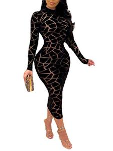 Uni Clau Women Sexy Sheer Mesh Boydcon Midi Dress See Through Plaid Long Sleeve Midi Skinny Clubwear Party Dress Black Medium