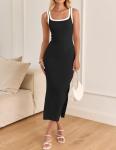 ZESICA Women's 2025 Summer Bodycon Midi Dress Casual Sleeveless Square Neck Side Slit Knit Vacation Long Dresses,Black,Medium