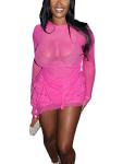 Ophestin Women's Sexy 2 Piece Outfits Skirts Set Sheer Mesh Long Sleeve Top Bodycon Ruffle Mini Dress Y2k Club Outfits Rosy XL