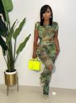 Uni Clau Sexy Two Piece Outfits for Women Short Sleeve Floral Printed Mesh Bodycon Flared Pants Sets Matching Sets Jumpsuit