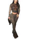 Ophestin Sexy Two Piece Club Outfits for Women Print Mesh See Through Long Sleeve Top Flared Bodycon Pants Set Leopard XXL