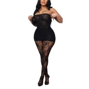 Kafiloe Sexy 3 Piece Outfits for Women Clubwear Lace Tube Mini Dress Top with Stockings Set Birthday Outfits Black XL