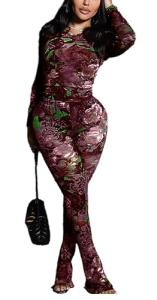 acelyn Women Sexy Two Piece Outfits Mesh Printed Bodycon Flared Pants Sets Club Going Out Birthday Outfits