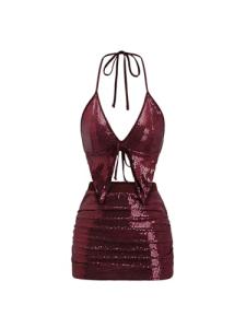 SHENHE Women's Y2k 2 Piece Sexy Outfits Backless Halter Crop Top and Ruched Bodycon Mini Skirt Set Sequin Burgundy Medium