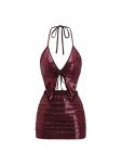 SHENHE Women's Y2k 2 Piece Sexy Outfits Backless Halter Crop Top and Ruched Bodycon Mini Skirt Set Sequin Burgundy Medium
