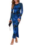 WIHOLL Women's Bodycon Maxi Dress Fall Fashion Long Sleeve Floral Print Tight Fitted Party Club Ruched Dresses Blue Floral S
