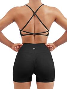 SUUKSESS Women Seamless 2 piece Workout Sets Strappy Padded Sports Bra Booty High Waisted Shorts Outfits (Black,S)