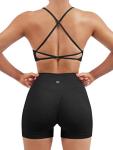 SUUKSESS Women Seamless 2 piece Workout Sets Strappy Padded Sports Bra Booty High Waisted Shorts Outfits (Black,S)