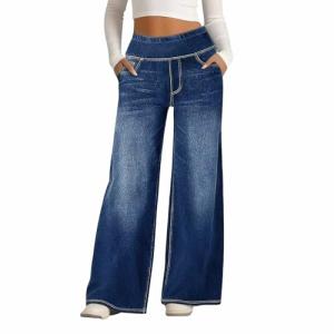 Baggy Sweatpant Jeans Women Wide Leg Pull On Stretchy Plus Size Denim Trousers Casual Relaxed Fit High Waisted Boyfriend Jeans Curvy Woman Straight Leg Barrel Pants Cute Y2k Teen Girl Clothes Blue