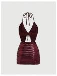 SHENHE Women's Y2k 2 Piece Sexy Outfits Backless Halter Crop Top and Ruched Bodycon Mini Skirt Set Sequin Burgundy Medium