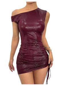 Milumia Women's Off Shoulder Pu Leather Mini Dress Sexy Drawstring Ruched Party Club Short Dresses Burgundy Medium