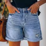 Womens Jean Shorts High Waisted Plus Size Wide Leg Denim Shorts with Pockets Ripped Folded Hem Curvy Stretch Girls Jeans Summer Loose Fit Light Button Bermuda Jorts Beach Vacation Jeans Streetwear