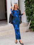 WIHOLL Women's Bodycon Maxi Dress Fall Fashion Long Sleeve Floral Print Tight Fitted Party Club Ruched Dresses Blue Floral S
