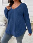 Koscacy Plus Size Clothes for Women Sexy V Neck Tops Fall Shirts Sapphire Blue Long Sleeve Shirt Cute Outfits Streetwear Casual Knit Sweater 3XL