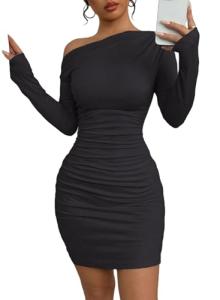 Acelitt Fall Off The Shoulder Dresses for Women 2025 Long Sleeve Ruched Bodycon Cocktail Party Mini Dress Black Medium
