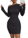Acelitt Fall Off The Shoulder Dresses for Women 2025 Long Sleeve Ruched Bodycon Cocktail Party Mini Dress Black Medium