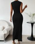 BTFBM Women Ruched Bodycon Maxi Dresses Summer Casual Sleeveless Lightweight Slit Elegant Cocktail Wedding Guest Dress(Black, Medium)