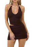 MiiVoo Women's Summer Sexy Cutout Halter Bodycon Mini Dresses Deep V-Neck Backless Ruched Party Club Short Dresses (US, Alpha, Small, Regular, Regular, Coffee)