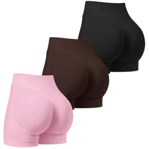 TDIFFUN Women Workout Shorts 3 Pack Gym Seamless Scrunch Butt Lifting Impact High Waist Yoga Biker Booty Athletic Shorts(Black+Pink+Brown,XS)