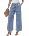 GRAPENT Wide Leg Womens Jeans High Waisted Straight Leg High Waist Jeans for Women Loose Drawstring Elastic Waist Light Wash Denim Pants with Zipper After Dust Blue Large Size 12 to 14