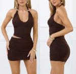 MiiVoo Women's Summer Sexy Cutout Halter Bodycon Mini Dresses Deep V-Neck Backless Ruched Party Club Short Dresses (US, Alpha, Small, Regular, Regular, Coffee)