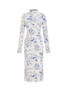 CIDER Long Sleeve Dress for Women High Neck Ribbed Knit Bodycon Ruched Midi Dress Cocktail Party Sweater Solid Dress Floral Blue