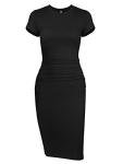 Ruched Bodycon Midi Tshirt Dress - Missufeintl Women's Casual Short Sleeve Fitted Sundress (Black, X-Large)