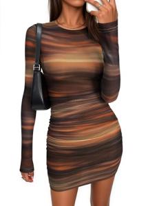 PRETTYGARDEN Women Long Sleeve Mini Dress Spring 2026 Tie Dye Print Bodycon Cocktail Party Club Outfits Homecoming Dresses (Brown Floral,Small)