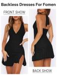MIYIEONZ Women Sexy Halter Deep V Neck Ruched Bodycon Dress Summer Side Slit Mesh Hem Cocktail Club Party Going Out Medium Black Short Mini Dresses