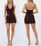 MiiVoo Women's Summer Sexy Cutout Halter Bodycon Mini Dresses Deep V-Neck Backless Ruched Party Club Short Dresses (US, Alpha, Small, Regular, Regular, Coffee)