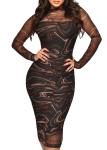 MOEENCN Sexy Long Sleeve Midi Dress for Women Sheer Mesh Printed 2 Piece Skirt Set Crew Neck See Through Bodycon Party Clubwear
