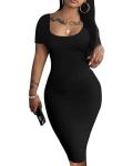 Nimsruc Women Summer Casual Sexy Short Sleeve Bodycon Dress Basic Pencil Midi Club Dresses BlackB L