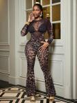 Ophestin Sexy Two Piece Club Outfits for Women Print Mesh See Through Long Sleeve Top Flared Bodycon Pants Set Leopard XXL
