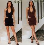 MiiVoo Women's Summer Sexy Cutout Halter Bodycon Mini Dresses Deep V-Neck Backless Ruched Party Club Short Dresses (US, Alpha, Small, Regular, Regular, Coffee)