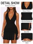 MIYIEONZ Women Sexy Halter Deep V Neck Ruched Bodycon Dress Summer Side Slit Mesh Hem Cocktail Club Party Going Out Medium Black Short Mini Dresses