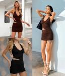 MiiVoo Women's Summer Sexy Cutout Halter Bodycon Mini Dresses Deep V-Neck Backless Ruched Party Club Short Dresses (US, Alpha, Small, Regular, Regular, Coffee)