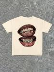 Verdusa Women's Lips Print Graphic Tees Short Sleeve Y2k Tops T Shirts 2000s Clothing Streetwear Khaki Large