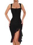 BORIFLORS Women's Sexy Ruched Bodycon Midi Dresses Square Neck Sleeveless Ruffle Hem Club Party Tank Dress Black